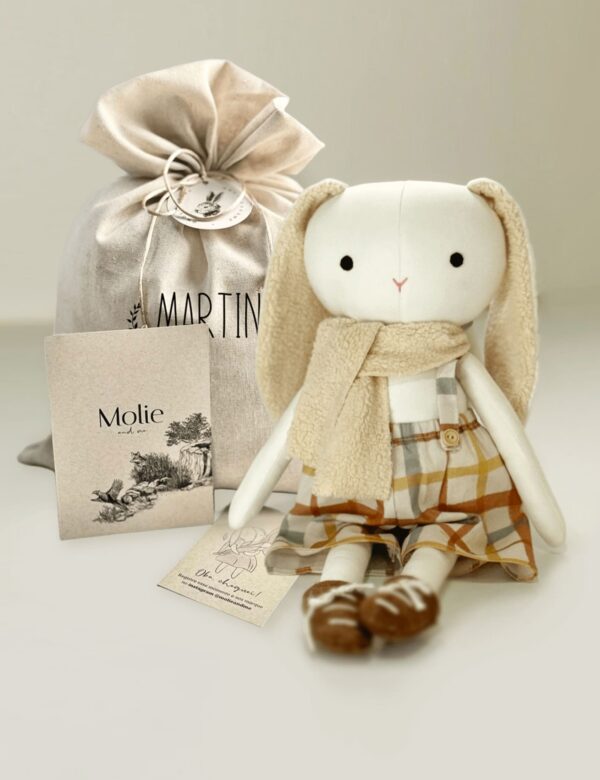 Kit Presente Coelho de Pano 38 cm + Embrulho Linho com Nome