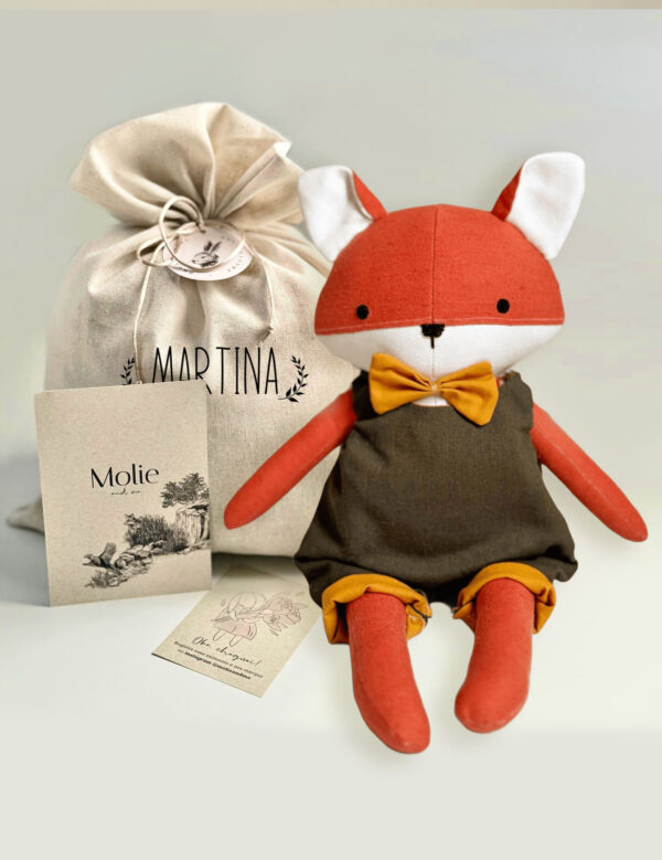 Kit Presente Raposo de Pano 38 cm + Embrulho linho com Nome